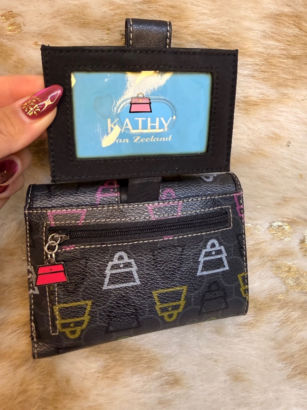 Cathy Van Zeeland Y2K Trifold Wallet Black Multicolor Print New Retro 2000s